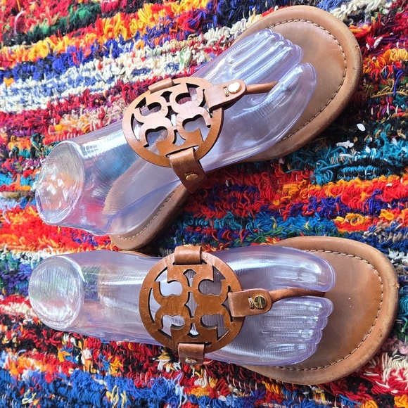 Tory Burch Shoes - Tory Burch Cognac Brown Leather Miller Medallion Slip-on Flip Flop Sandal